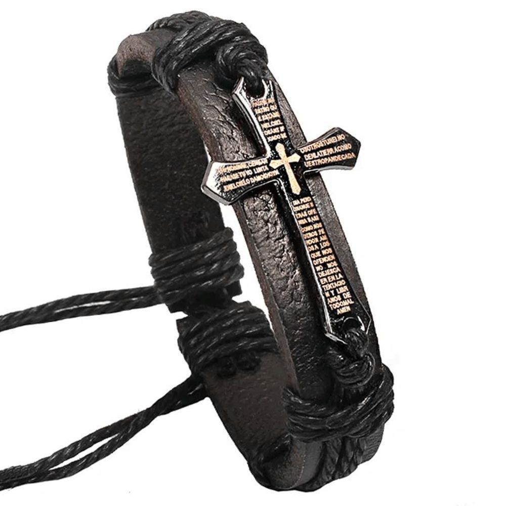 Genuine Black Leather Cross Unisex Bracelet